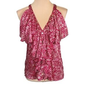 NWOT‎ Love Shop Silk Halter Top Red Paisley Ruffle Button Down Blouse Size S/M